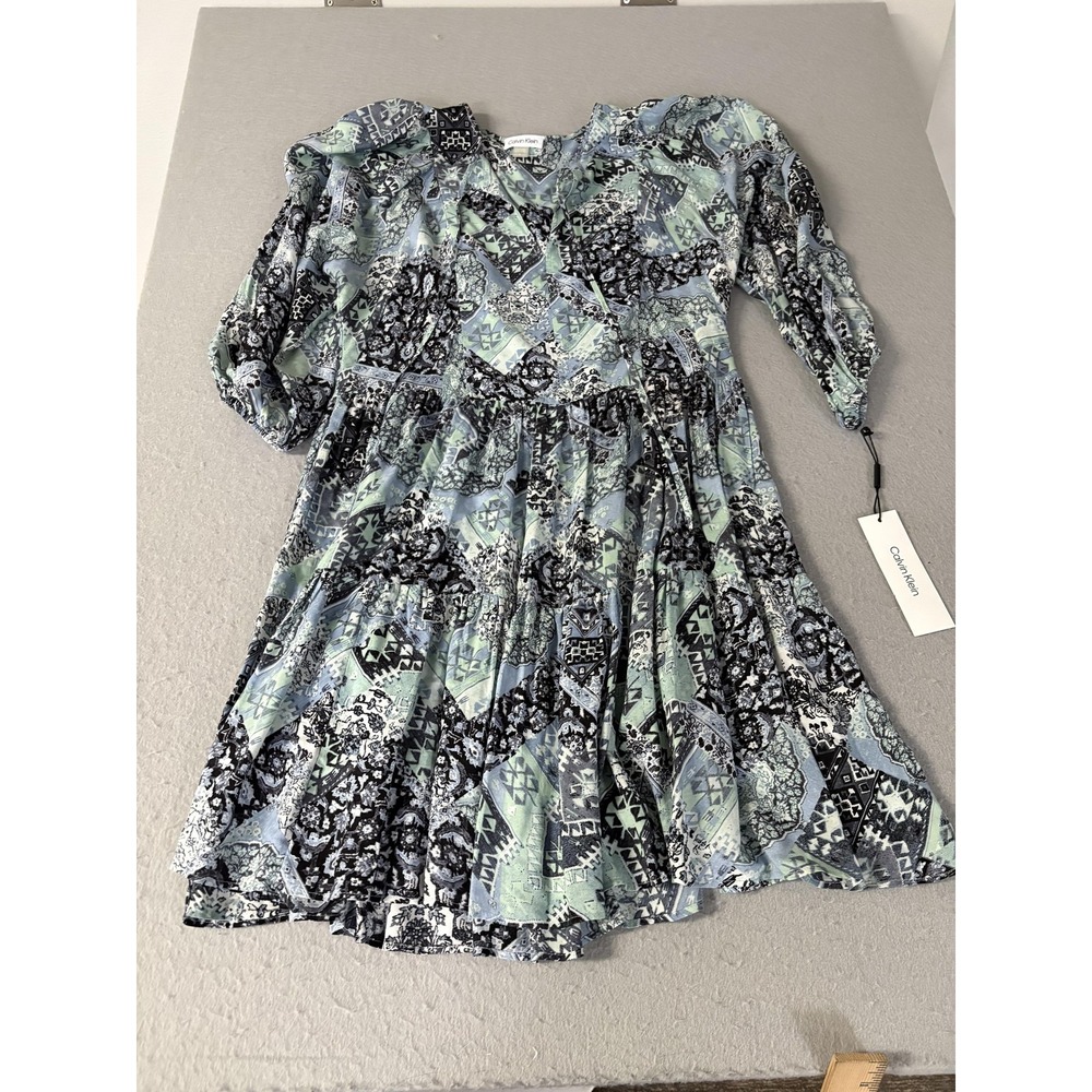 Calvin Klein Dress Womens 4 Blue Green Patchwork Print Tiered Boho Mini